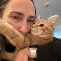 An orange tabby cat getting a cat visit from Dawn